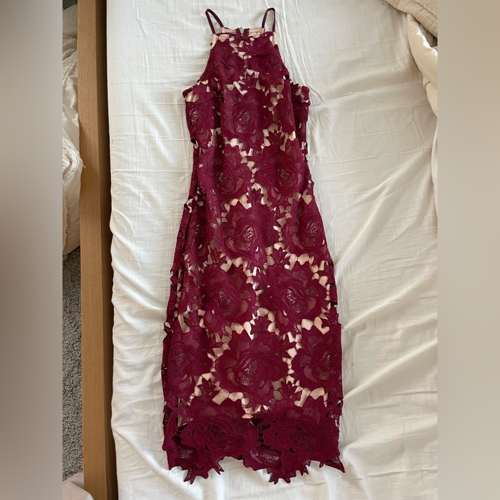 Women’s Burgundy and Beige Lace Dress XS